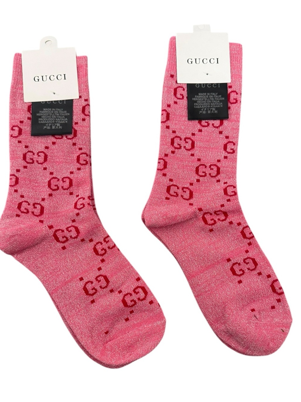 2 Pair Gucci Outlet GG Monogram Crew Socks — Pink & Charcoal Pair